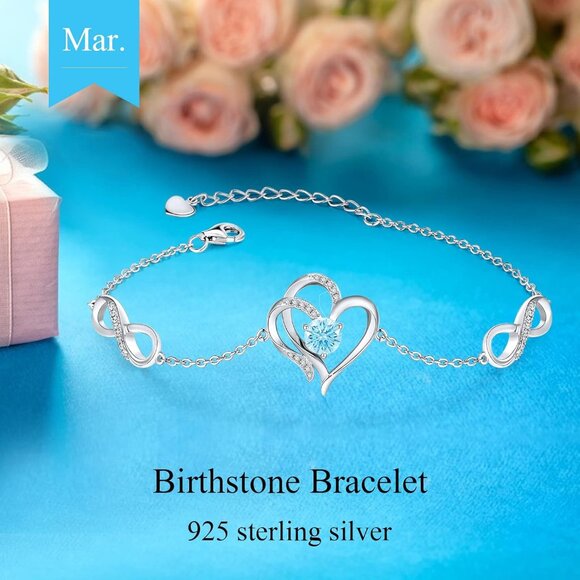 Infinity Love Heart Birthstone Silver Bracelet for Women, 12 Colors, Gift Idea - Picture 4 of 6